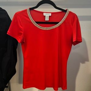 Vibrant red dressy top with embellished collar. Size small.